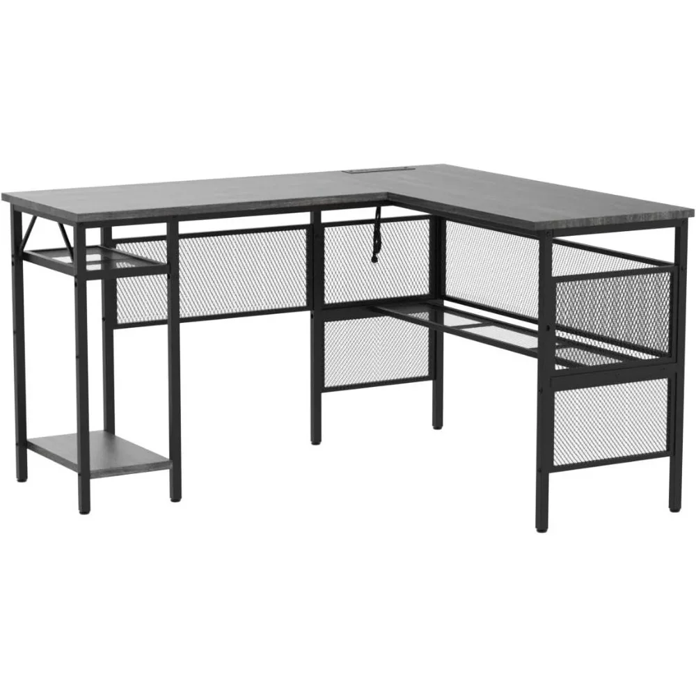 L Shaped Computer Desk with USB Charging Port and Power Outlet, Reversible Corner Desk with Storage Shelves, Industrial 2 Person