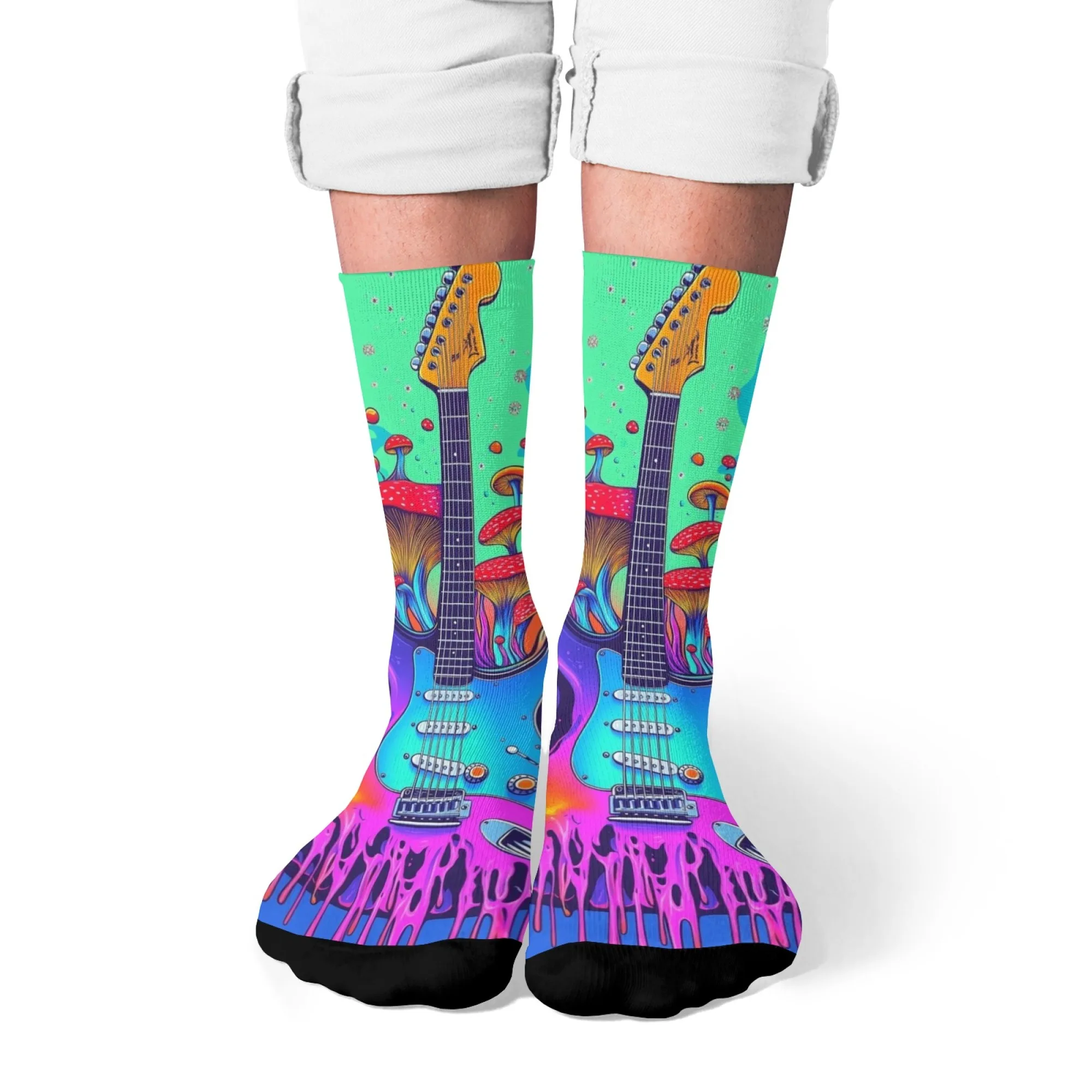Psicodélico rock guitarra pop música meias masculinas novidade feliz engraçado tripulação meias louco hip hop tendência meias harajuku estilo retro