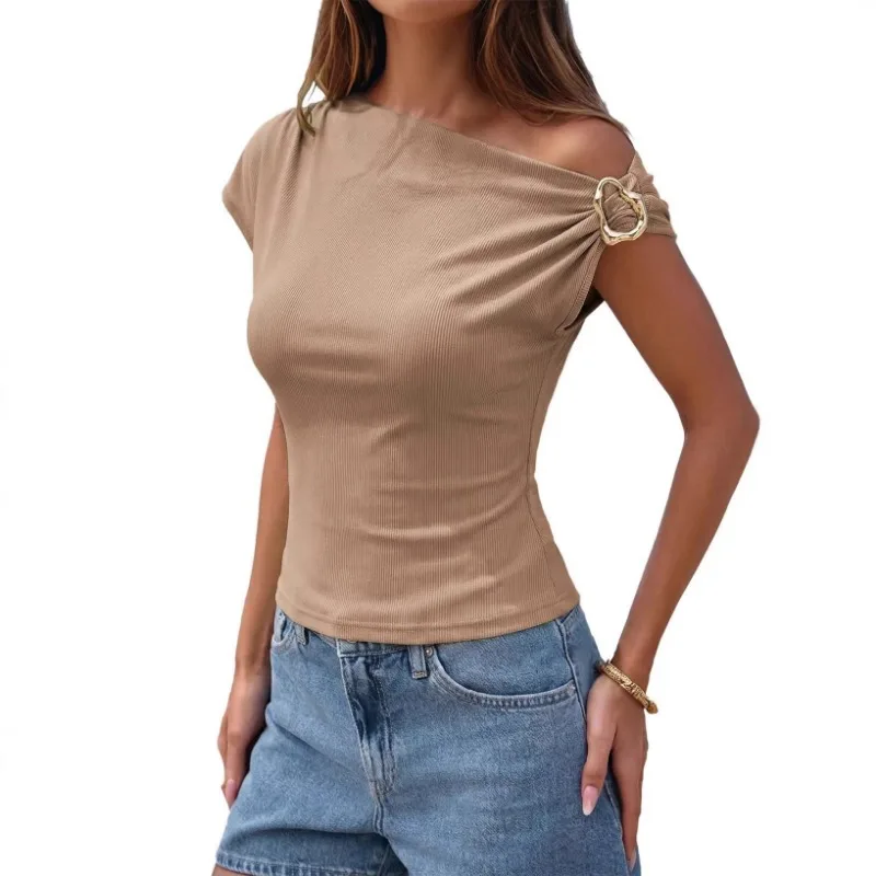 Women's Ribbed Knit Asymmetrical Off Shoulder T-shirt Metal Buckle Detail Slim Fit Casual Tops