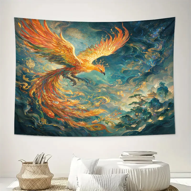 Majestic Phoenix Curtain Tapestry Fantasy Art Decor Blue Sky Galaxy Watercolor Mythology Window Drape Living Room Decoration