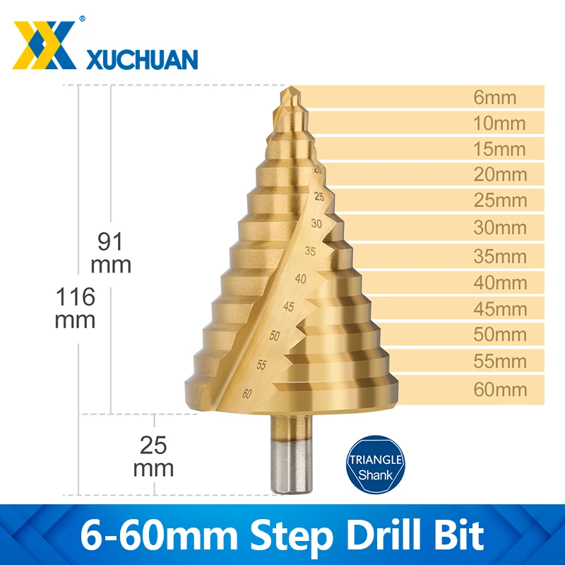 

XUCHUAN Step Drill Bit 1pc 6-60mm Titanium Coated Spiral Groove Drill HSS Pagoda Drill for Wood Metal Open Hole Drilling Tool