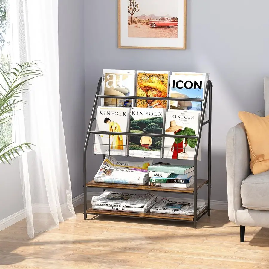 

Magazine Holder Floor,2Tier Metal Magazine Racks, Newspaper Display Stand with Board Shelves for Books and Brochure in Home Offi