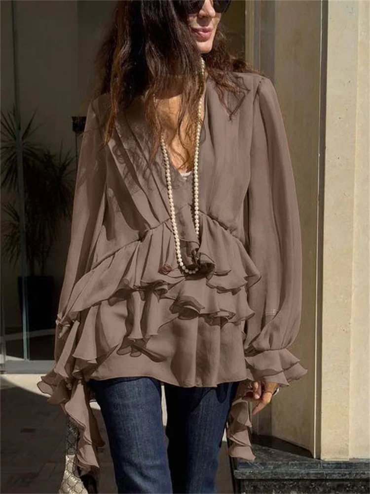 Tossy Chiffon Ruffled V-Neck Shirts Clothes For Women Patchwork Long Sleeve Loose Commute Elegant Blouse Female Casual Blouse