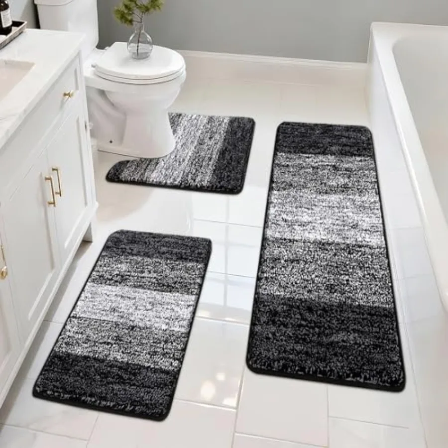 

3-Piece Bath Mat Set Non-Slip Plush Bathroom Rugs Absorbent Shaggy Bathroom Rugs with U-Shaped Contour Toilet Mat Black 18"x26"
