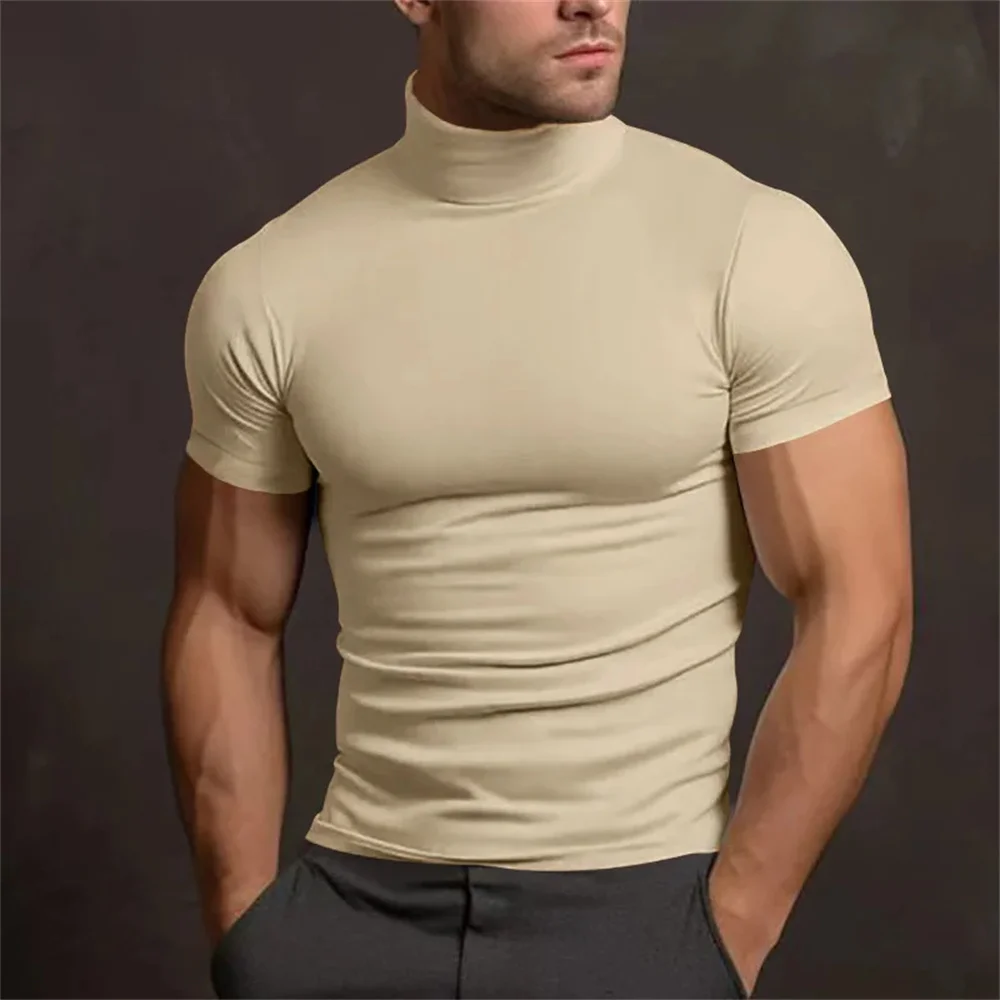 Cross-border Amazon 2024 summer solid color short-sleeved fashion bottoming shirt men's tight turtleneck T-shirt image 3
