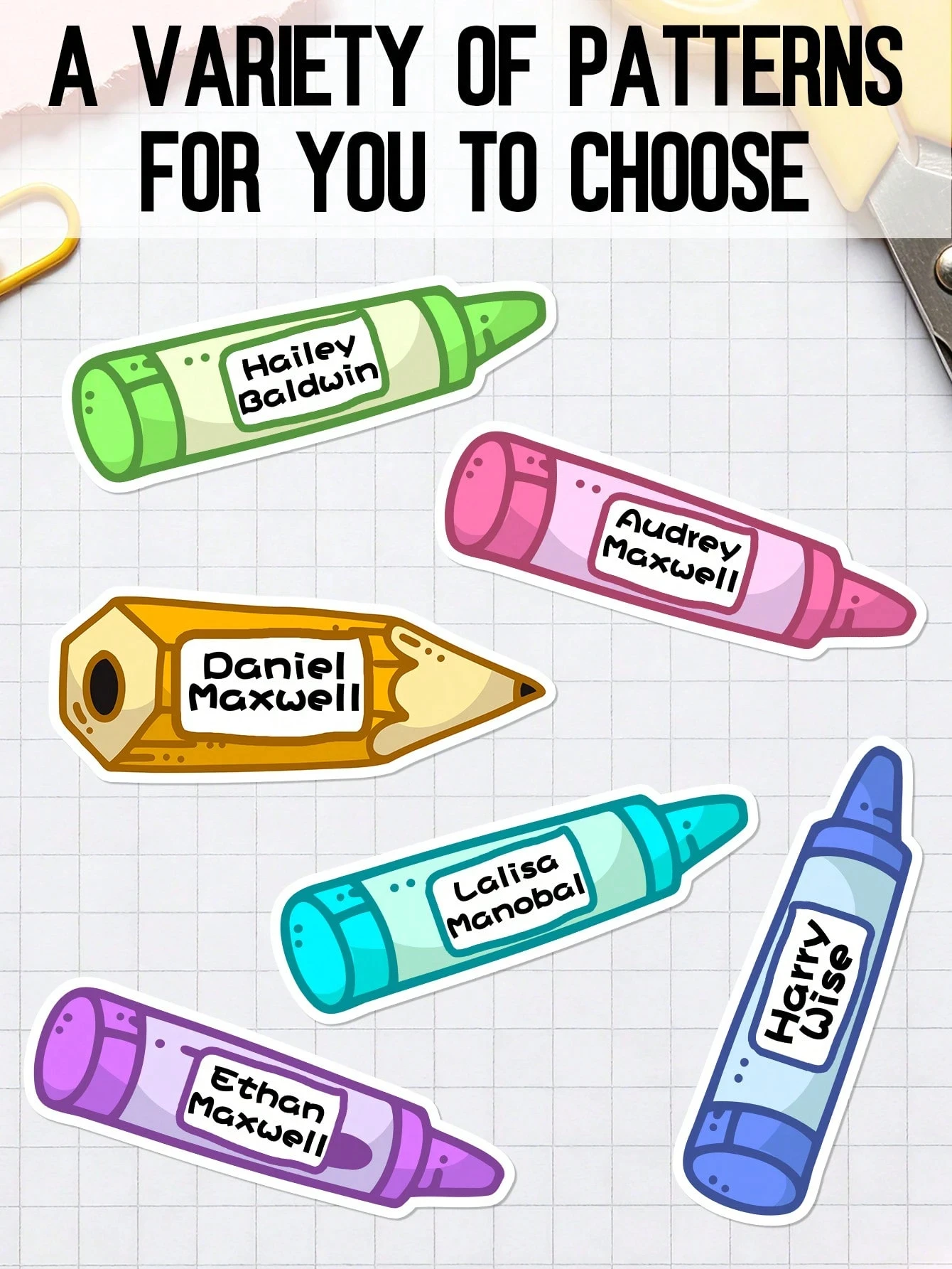 Personalized Cartoon Name Stickers Pencil Crayon Style Cute Kawaii Retro Reusable Book Labels For Student Teacher Back To School