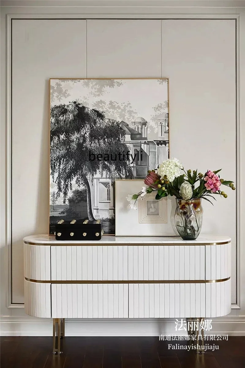 

07American light luxury porch cabinet entry solid wood foyer cabinet modern simple stainless steel decorative cabinet