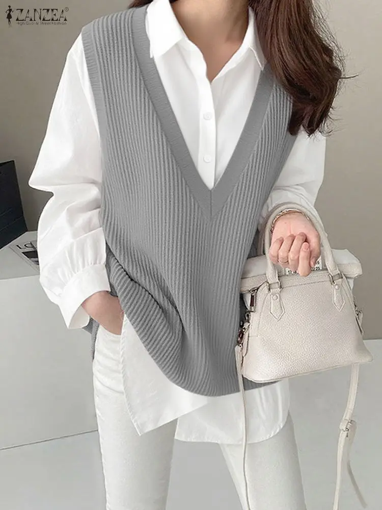 2025 ZANZEA Autumn Elegant Lapel Neck Long Sleeve Office Shirt Blouses Women Patchwork Tops Stylish Fake 2 Pieces Pullover Mujer