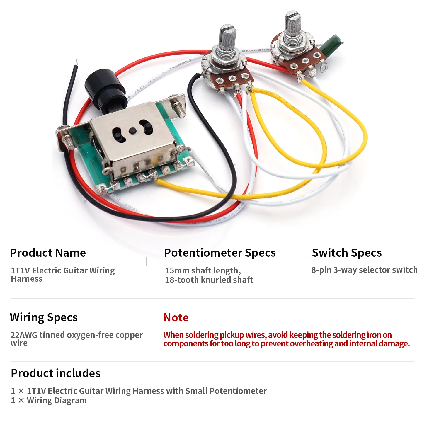 1T1V Electric Guitar Wiring Harness Assembly 3-Way Switch Small Pots with Output Jack