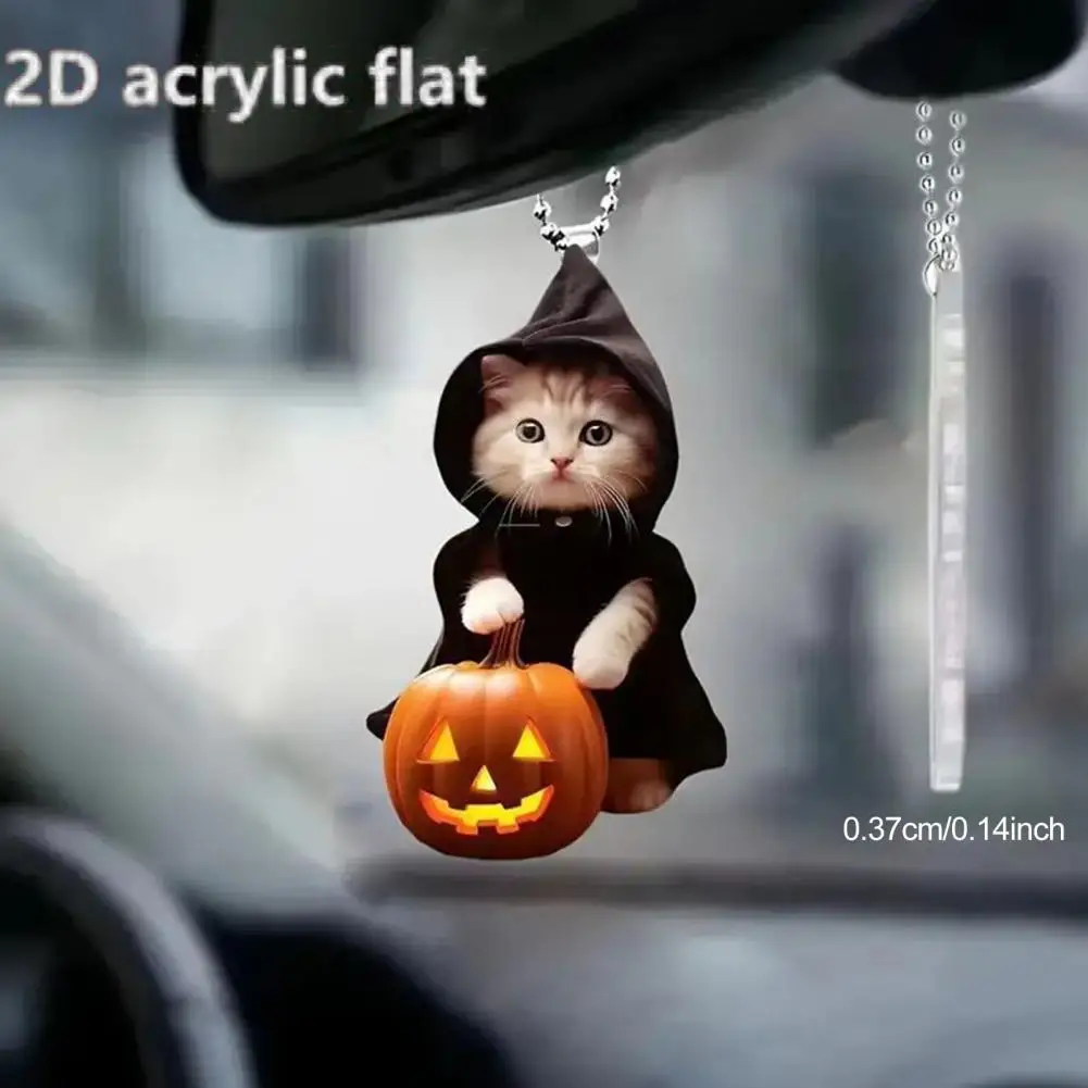 2D Cat Car Hanging Decoration Halloween Festival Auto Rearview Mirror Pumpkin Wizard Kitten Animal Acrylic Hanging Ornament Pend