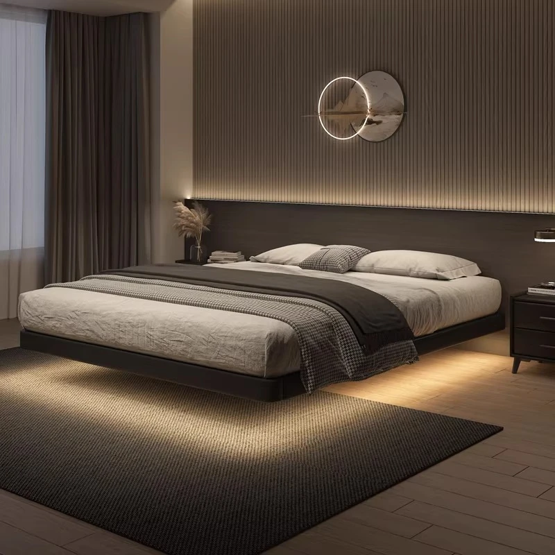 

Leather bed, master bedroom big bed Italian minimalist light luxury