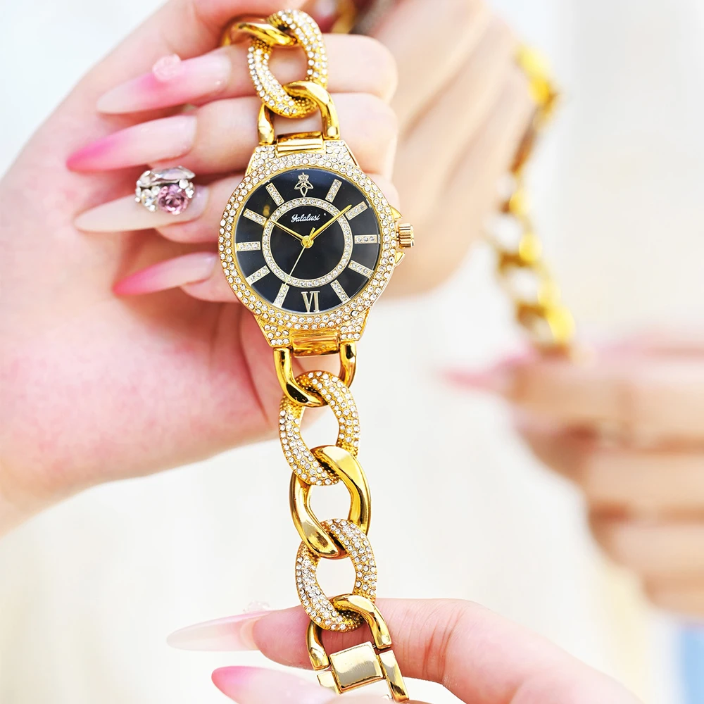 

Новые модные женские часы Yalalusi: элегантные золотые наручные часы с бриллиантами, кварцевый механизм, водонепроницаемые, подарок для девушки, Relogio Feminino