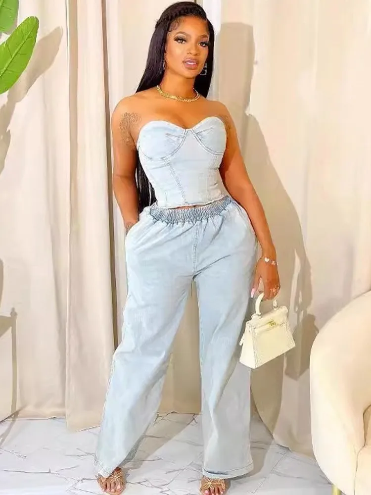 Set da donna da 2 pezzi Top senza spalline senza schienale e pantaloni a gamba larga Abiti da due pezzi Tuta da ginnastica 2025 Abito estivo autunnale