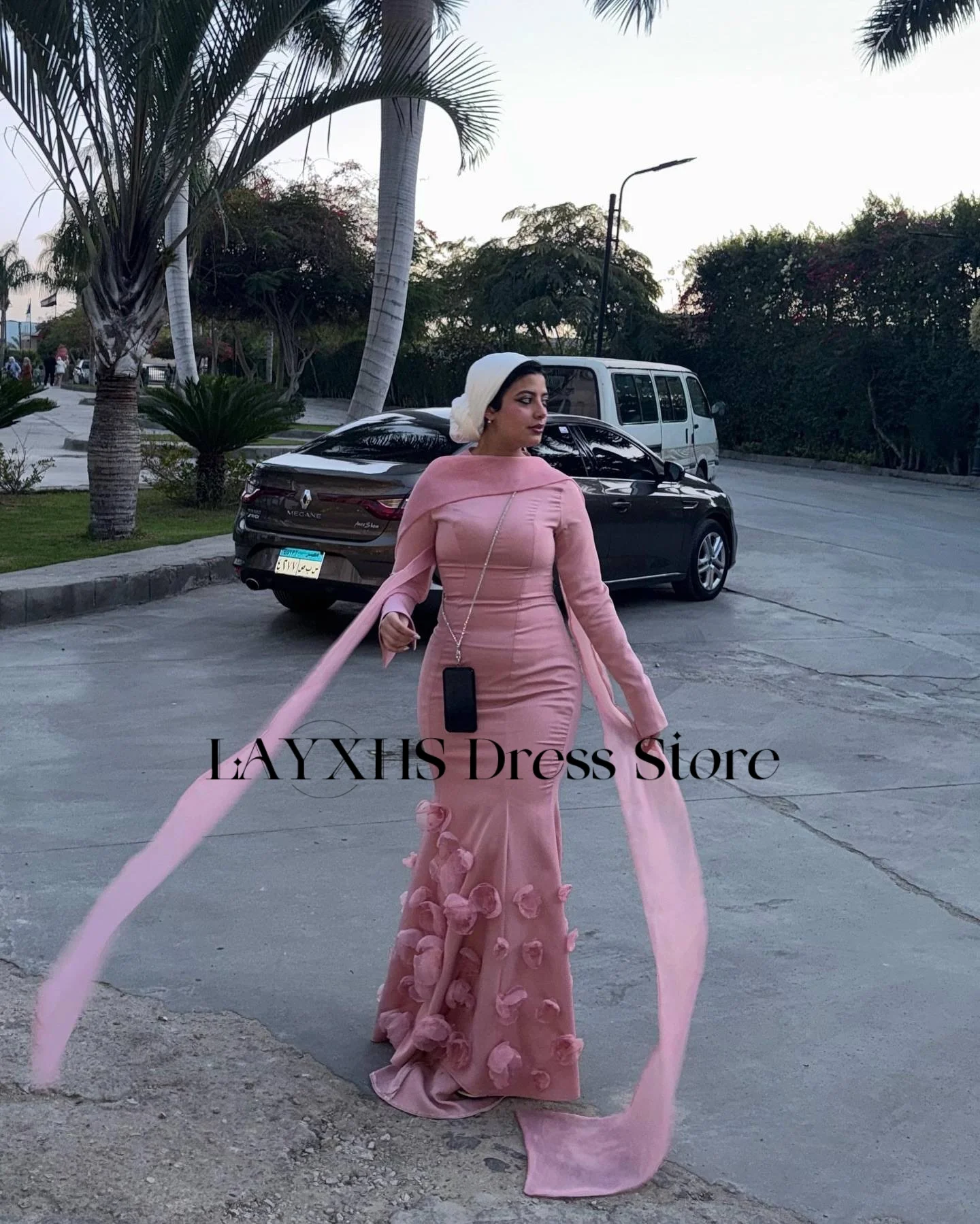 LAYXHS Mulheres de Alta Qualidade Sereia Vestido de Noite Rosa Gola Alta Flor 3D Mangas Compridas Vestidos de Baile Personalizado فساتmavera