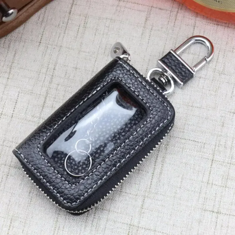 Genuine Leather Car Document Smart Key Holder with Transparent Window Cowhide Key Wallet Fob Leather Keychain for Car