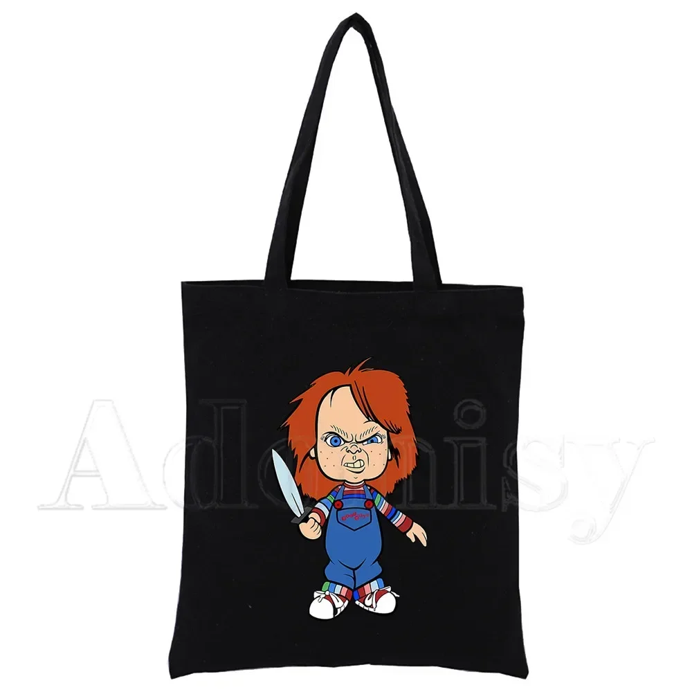 Chucky Print Reusable Shopping Bag Women Canvas Tote Bags Printing Eco Bag Cartoon Shopper Shoulder Bags Black