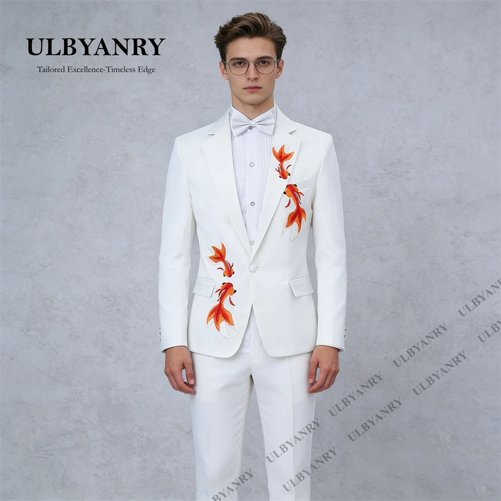 ULBYANRY White Suit Goldfish Embroidery Print for Stage Performance Party Event Singer DJ Performer 2 PCS Tuxedo Jacket Pants