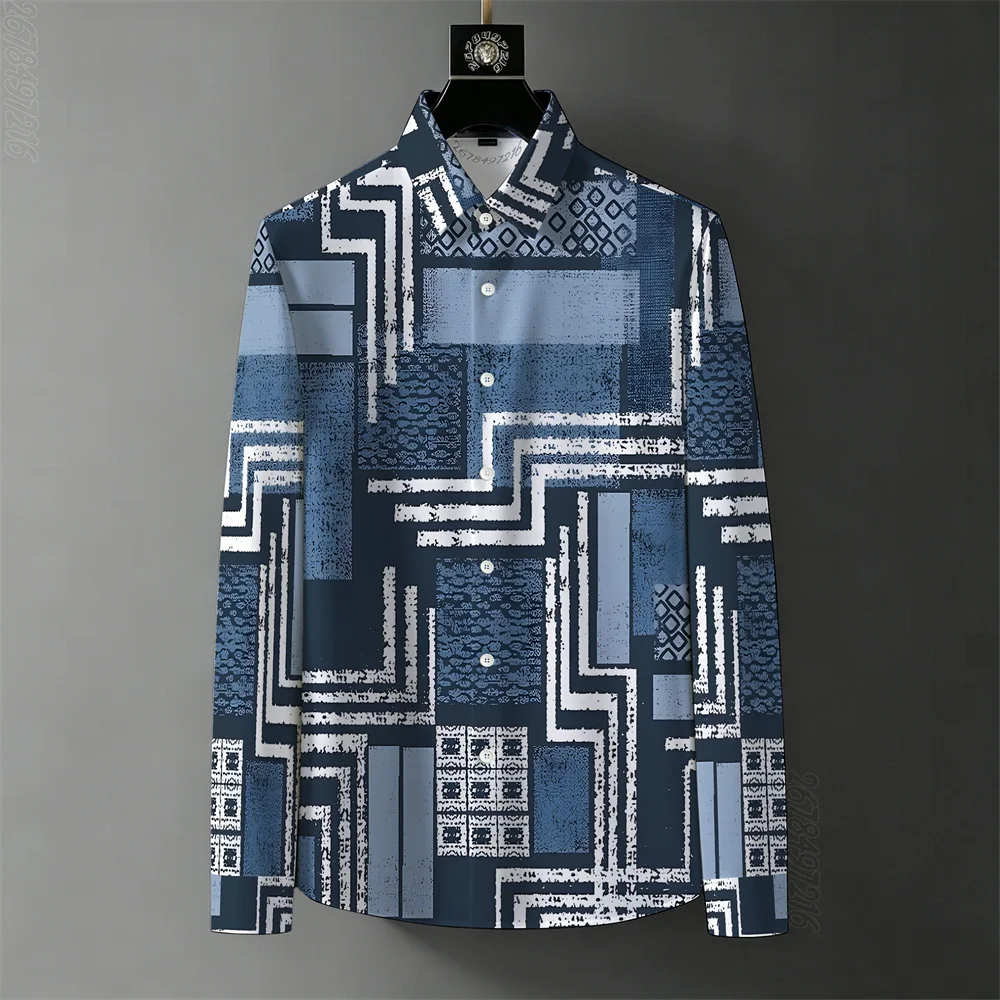 European and American style high street color-blocked diamond print shirt, men's wrinkle-free lapel long-sleeved casual top.