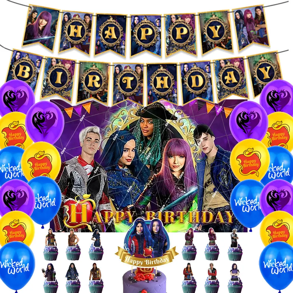 

Cartoon Descendants Mal Carlos Evie Jay Birthday Party Decoration Balloon Cake Topper Banner Background Baby Shower For Kid Gift