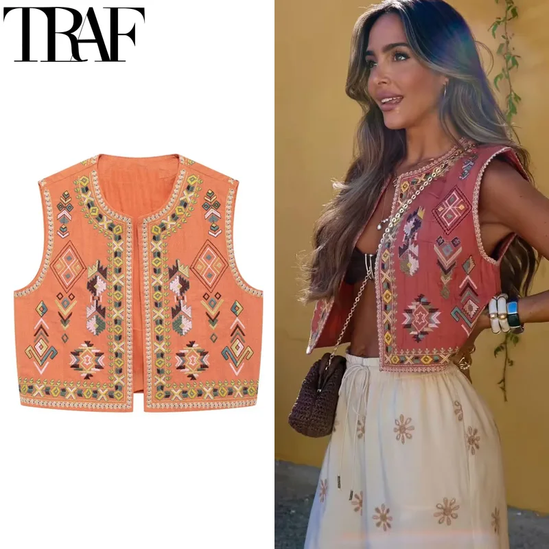 TRAF Cardigans Women's Vests Sleeveless Embroidered Vest Woman Boho Cropped Waistcoat Women Vest Top Fall Short Coats Lady Vests