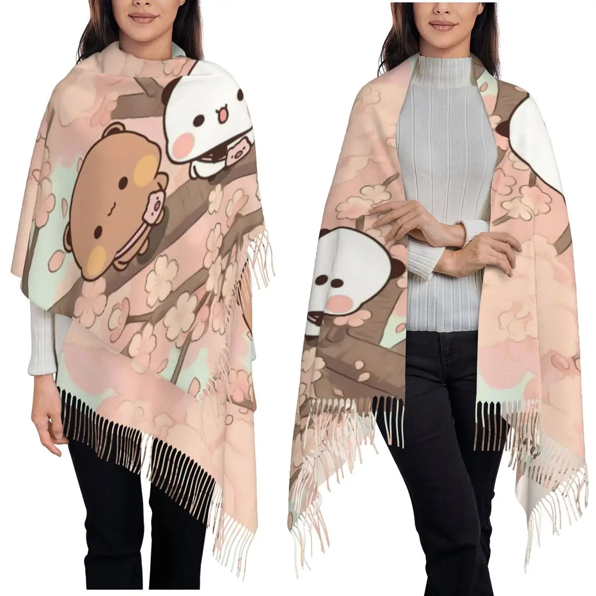 

Bubu Dudu Panda Bears Cartoon Cherry Heart Scarf Tassel Scarves for Women Soft Warm Shawls and Wraps Long Fall Winter Shawl Wrap