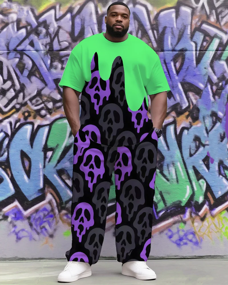 

S-9XL Men's Plus Size Ghost Face Print Shirt and Pants Two-Piece Set