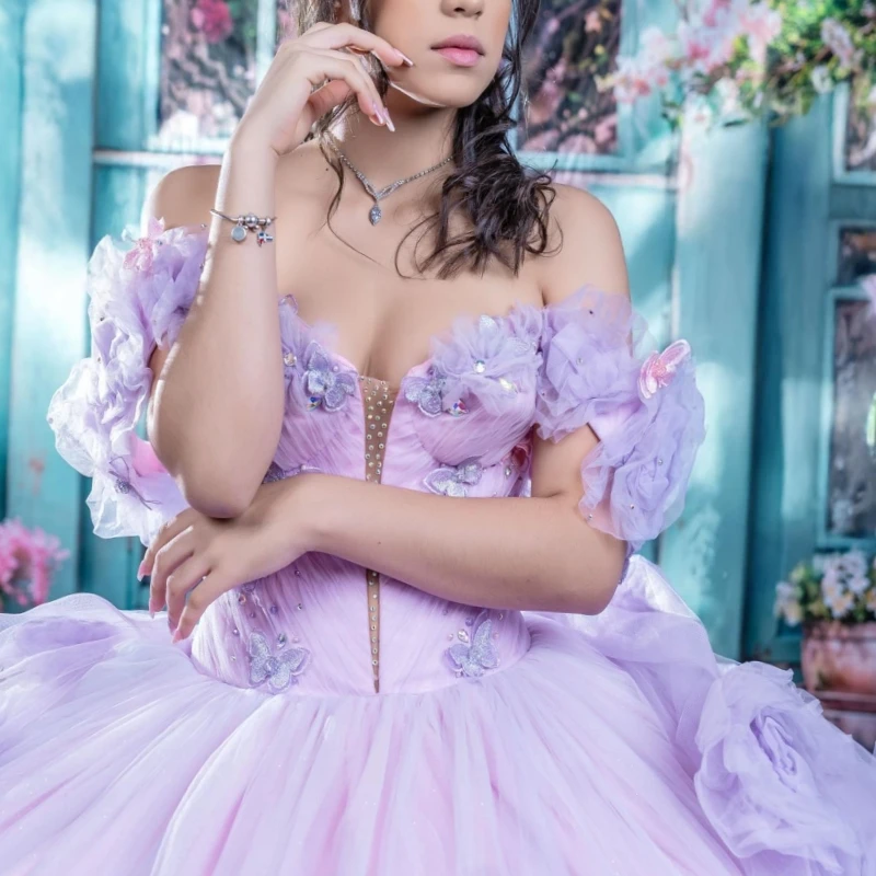 Licht Lila Prinses Sweet 16-jurk Jurk Quinceanera Jurken Bloem Strik Kralen Tull Feest Verjaardag Vestidos 15 De Anos