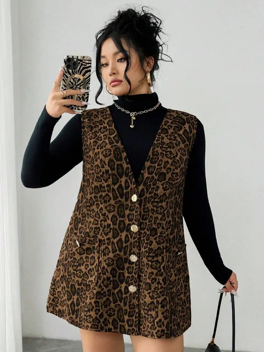 

Women V-Neck Sleeveless Leopard Print Button Front Dress Autumn Winter