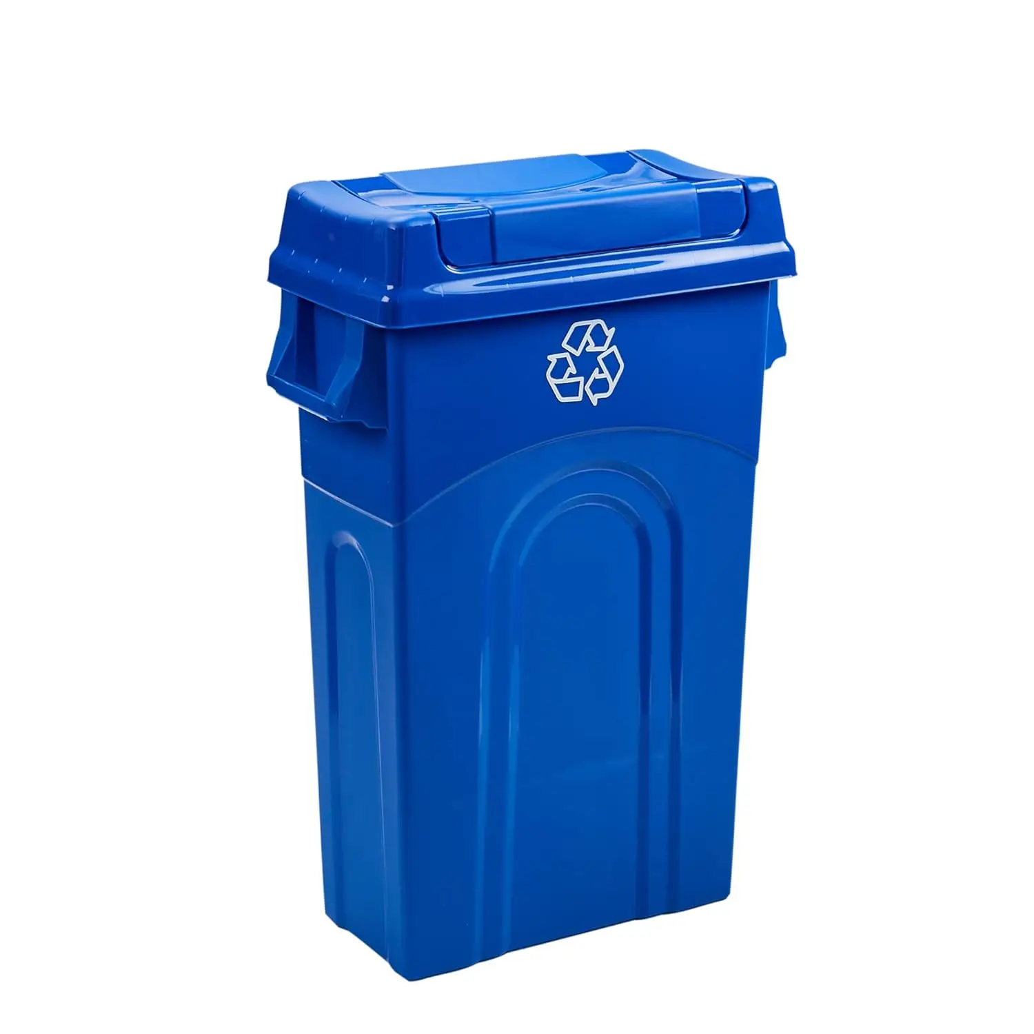 

23 Gallon Slim Plastic Recycling Bin with Lid, Dustpan Edge & Handles for Kitchen, Garage, Office - Blue