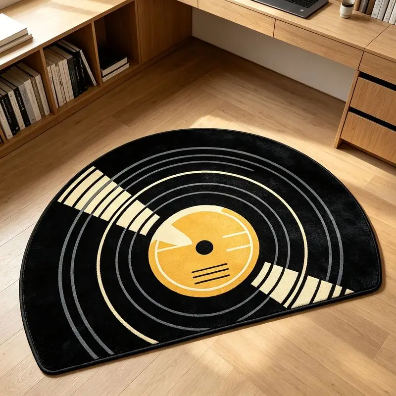 VIKAMA Retro Vinyl Record Rug Music Half Round Doormat Black Yellow Semicircle Small Area Rug Floor Mat Bedroom Home Decor