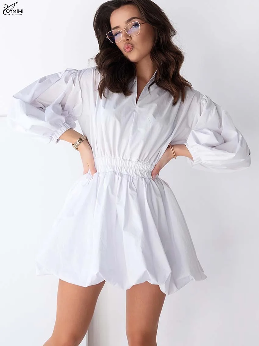 

Oymimi Casual White Cotton Womens Dresses Autumn Wrist Sleeve High Waisted Dresses Fashion Loose Pleated Mini Dress Streetwear