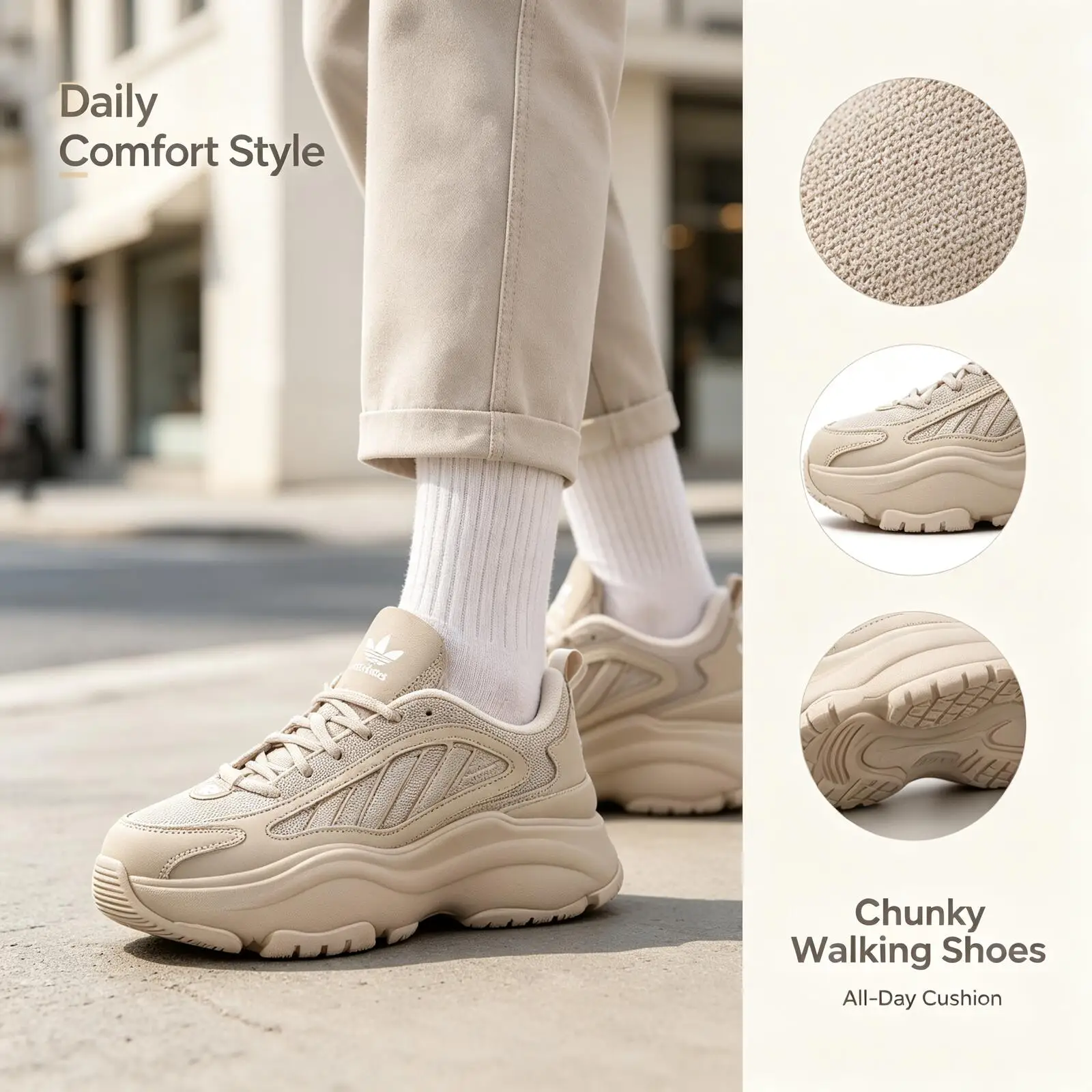 Adidas Beige Chunky Walking Sneakers for Women Men Soft Breathable Mesh Lightweight Running Shoes Soft Cushion Non-Slip Thick