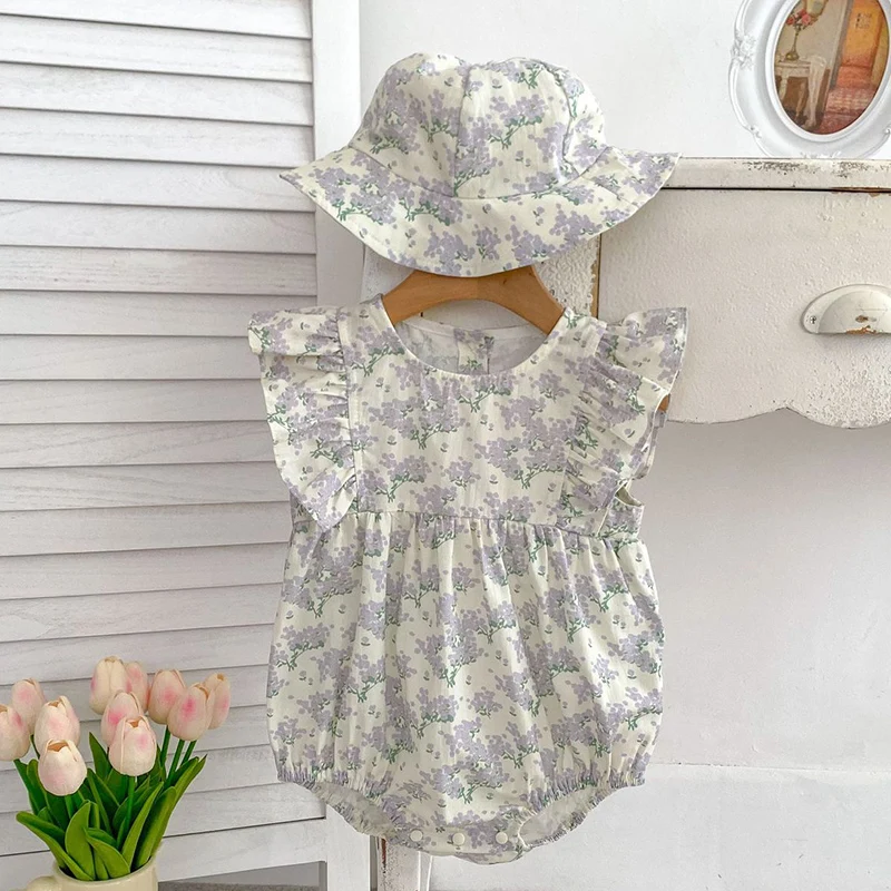 

2024 New Summer Korean Style Climbing Suit Flying Sleeve Cotton Print Newborn Baby Girl Romper 0-24M Children Clothes