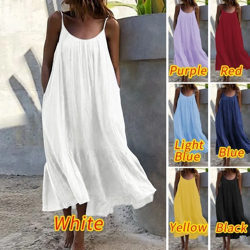 Women Summer Dresses O Neck Loose Casual Sling Solid Color Beach Dress Sexy Sleeveless Solid Vestidos Party Robe Femme Clothing