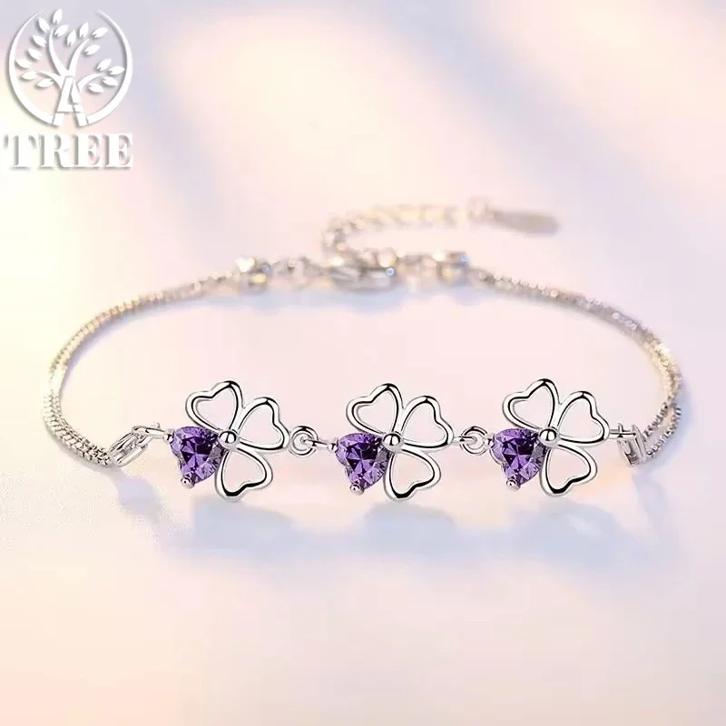 ALITREE 925 Sterling Silver Purple Crystal Lucky Clover Bracelets for Women Fashion Luxury Designer Party Wedding Jewelry Gifts