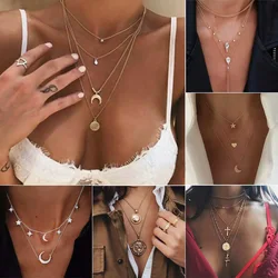 New INS Style Round Shape Pendant Neck Chain Geometry Multi Layer Necklace For Women Trendy Jewelry Party Gifts