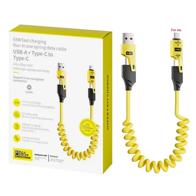 

4 In 1 Charging Cable 65W USB C Charging Cable Coiled Phone Charger Cord Retractable Type C Charging Cord Fast Charging