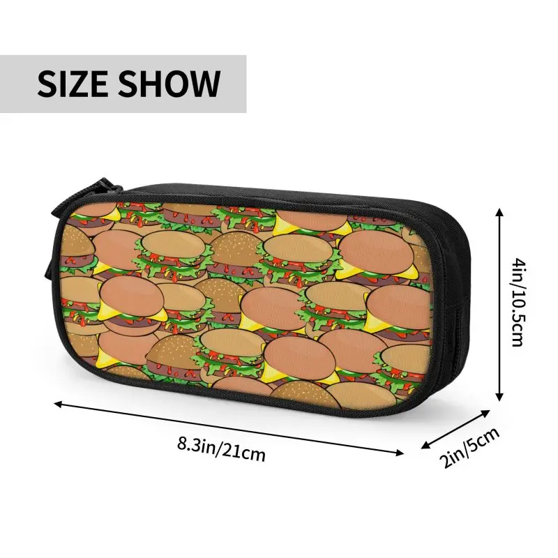 Kawaii Burger Pattern Pencil Case para Meninas e Meninos, Caixa de Lápis Grande Capacidade, Material Escolar