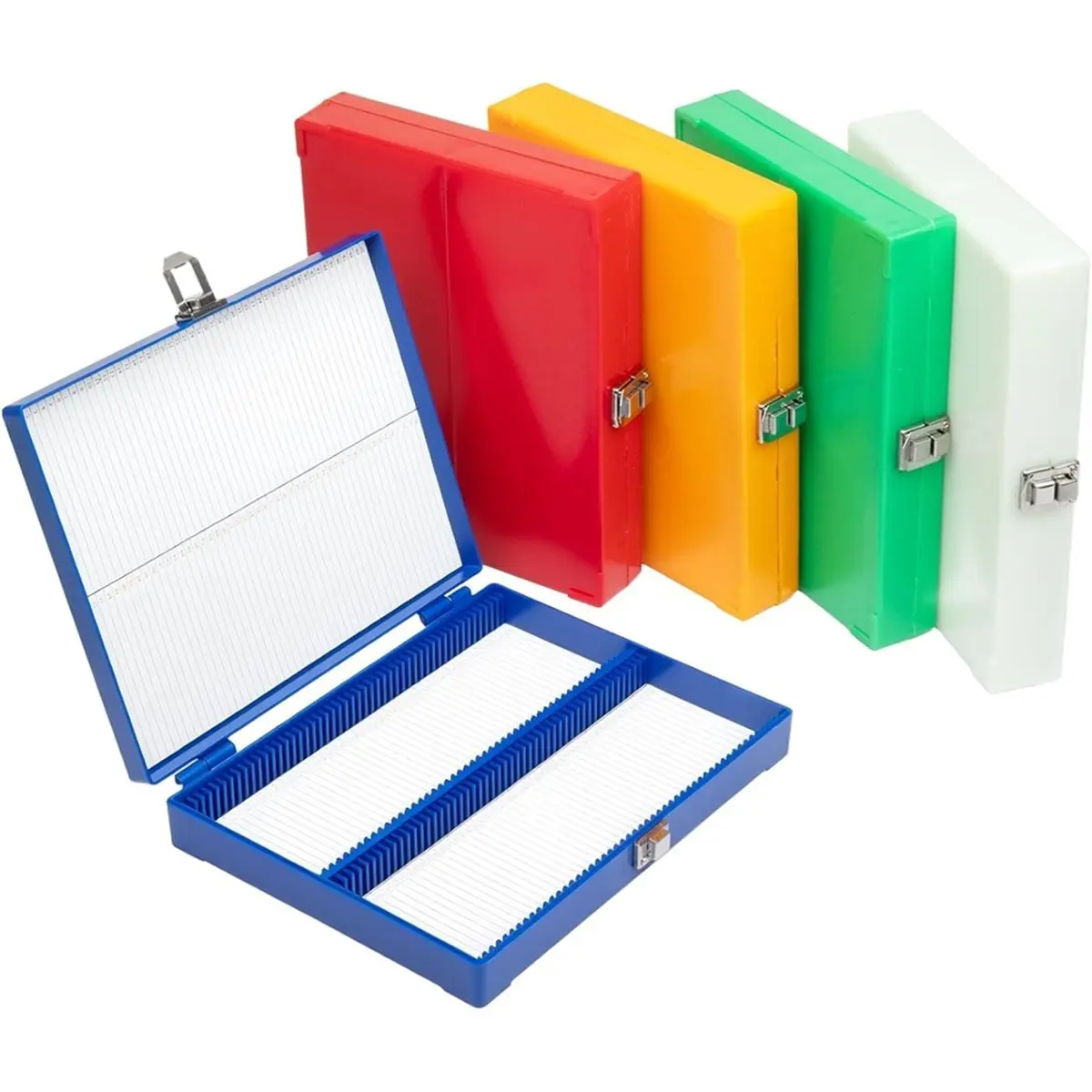 5 قطع صندوق منزلق للمجهر، حامل منزلق للمجهر البلاستيكي 100 مكان مع قفل بمزلاج لـ 1 × 3 بوصة (25 مم × 75 مم) منزلق صغير