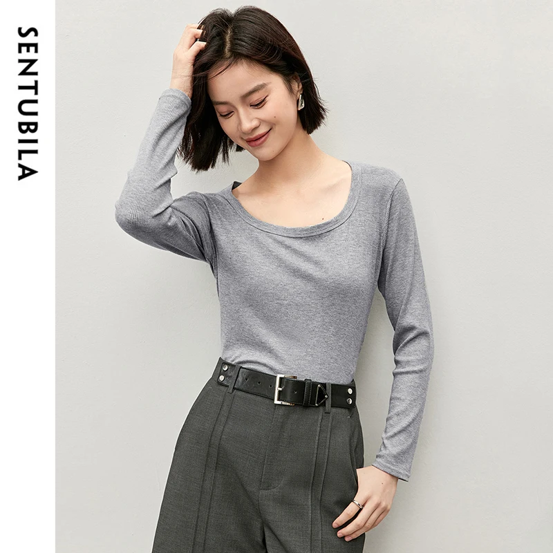 

SENTUBILA женская вязаная футболка, весна-осень 202, эластичные топы с квадратным вырезом, удобная мягкая облегающая женская одежда W51T80211X