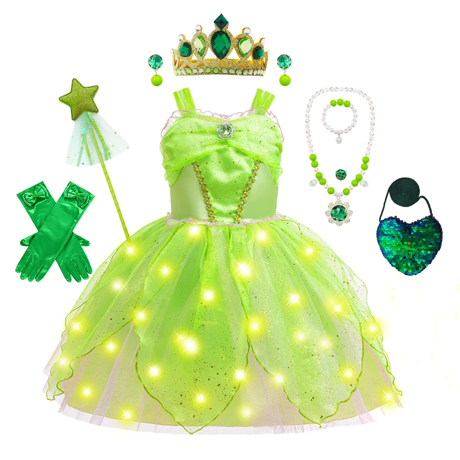 Tinker Bell Fairy Costume Kids Green Dress with Detachable Wings Flower Hair Crown and Magic Stick Wand Halloween Party Dress