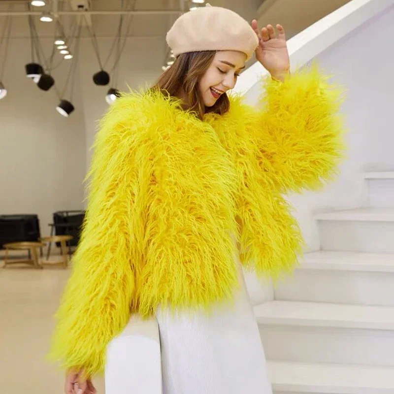 

Autumn Winter Shaggy Outerwear Colorful Boho Fluffy Women Faux Fur Coat Black White Pink Plush Coat Female Fur Jacket