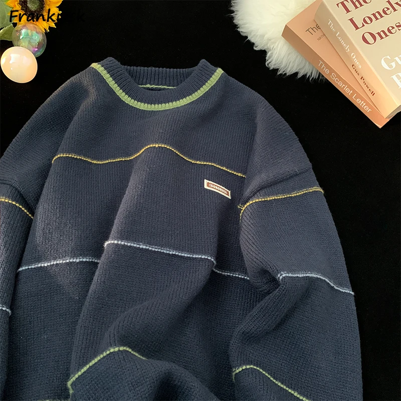 

Striped Sweaters Women Knitwear Japanese Preppy Style Slouchy Retro O-neck Loose Autumn Winter Harajuku Panelled 2023