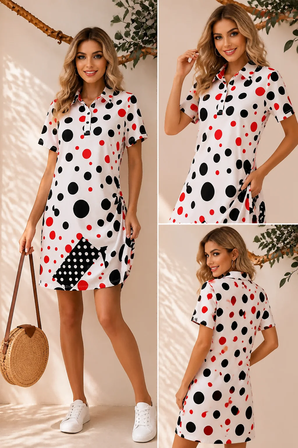 This women's polo dress features a polka-dot panel design, short sleeves, and a collar, making it perfect for summer vacations.