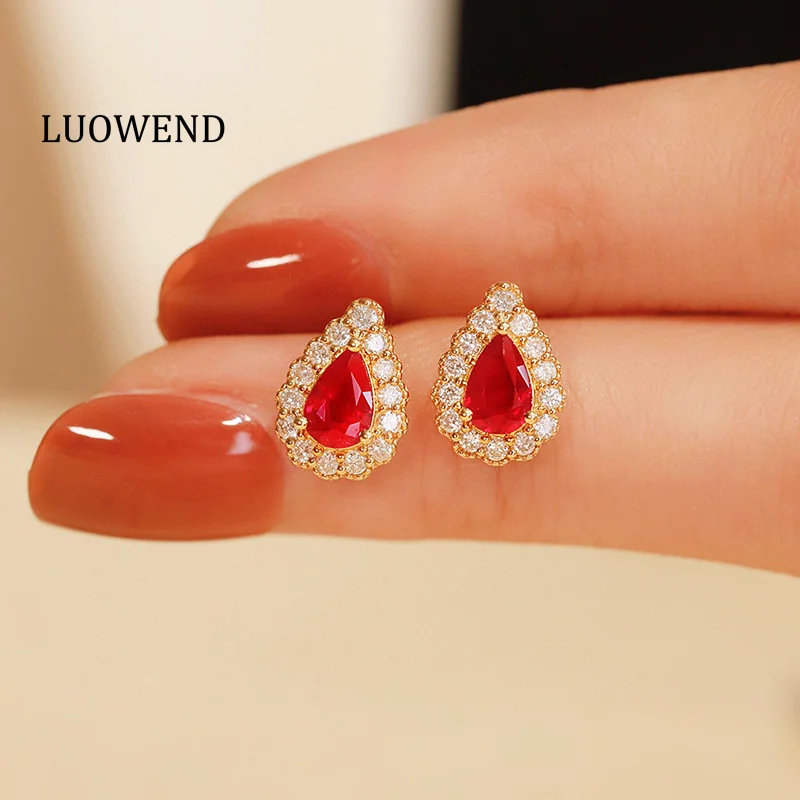 LUOWEND 18K Rose Gold Earrings Classic Water Drop Shape Real Natural Diamond Natural Ruby Earrings for Women Wedding Jewelry