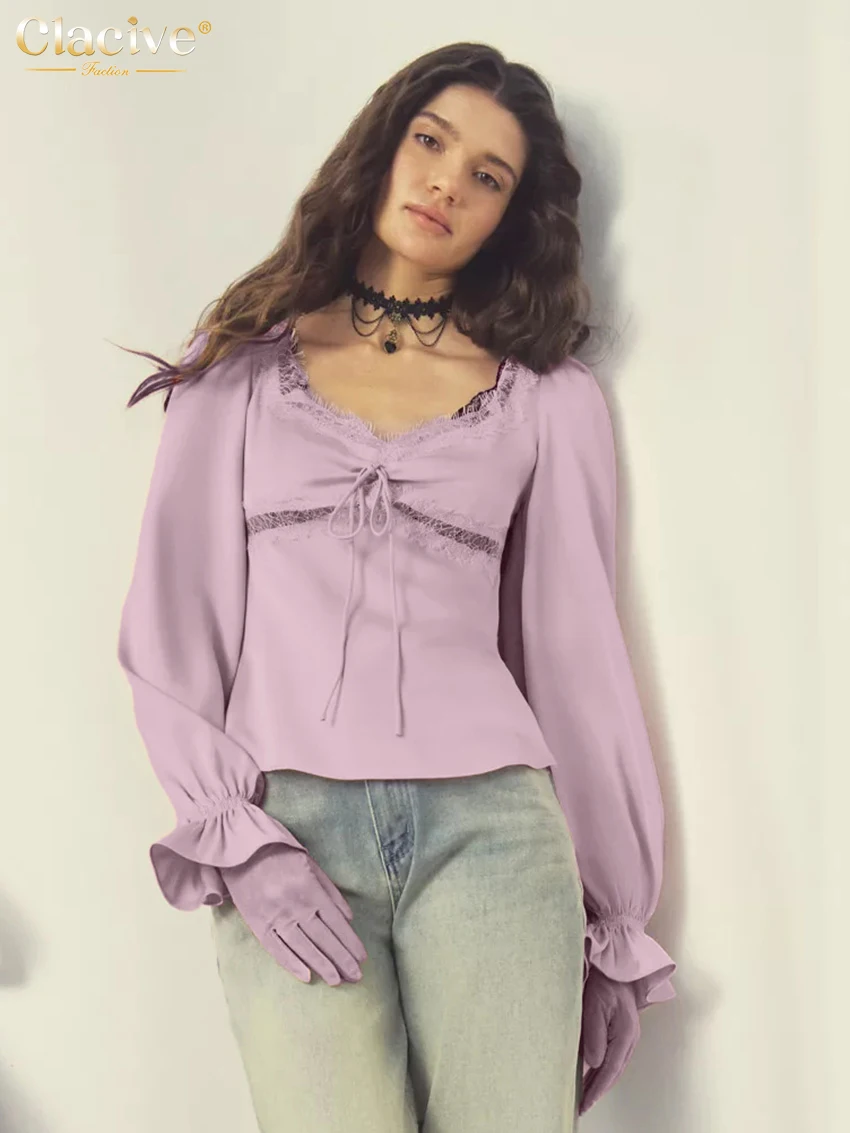 

Clacive Fashion Slim Pink Satin Women's Shirt Sexy V-Neck Long Sleeve Lady Shirts Elegant Classic Lace-Up Top Female Clothing