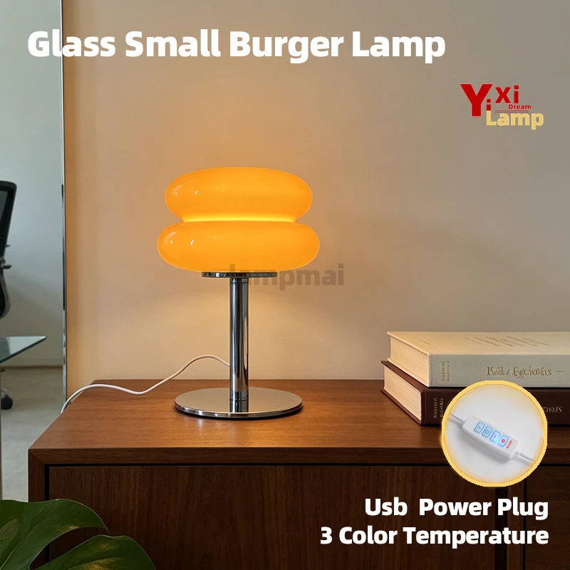 Murano Small Glass Burger Desk Lamp, Contemporary Modern Dimmable Lamp, Decor Light for Study Nook, Side Table & Living Room