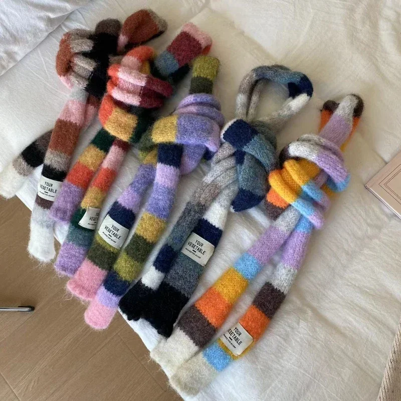 2024 Women Knitted Wool Scarf Warm Color Splicing Contrasting Striped Sausage Fine Scarves Femme Small Narrow Snood Scarf Women