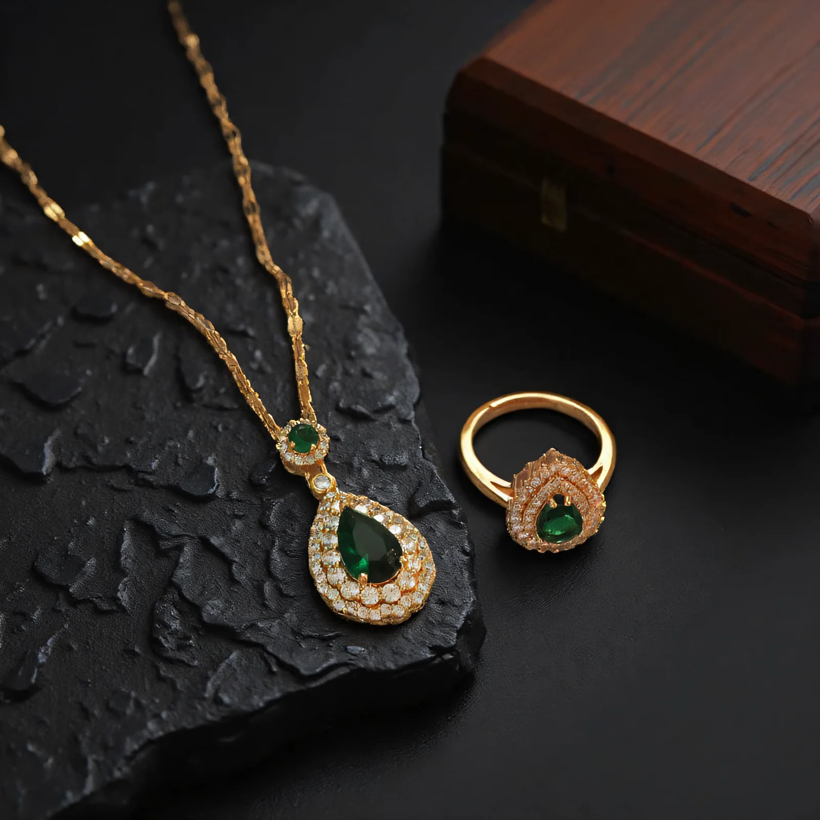 Wedding Bridal Jewelry Sets Pear Green Stone Water Drop Zircon Pendant Necklace Rings For Women Gold Color Mother Birthday Gifts