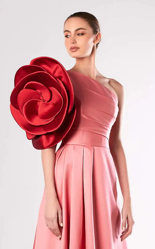 Customized Exquisite Charmeuse Draped Pleat Handmade Flower A-line One-shoulder Long Dresses Bespoke Occasion Dresses Intricate